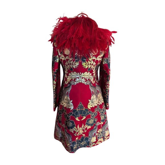 NWT Dolce‎ & Gabbana Red Brocade Coat with Feather Collar Made in Italy Size 38 - Picture 3 of 14